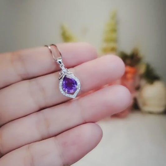 Natural Teardrop Amethyst Necklace - Sterling Silver Tiny Crown Chakra Healing - Purple Gemstone Jewelry February Birthstone #371