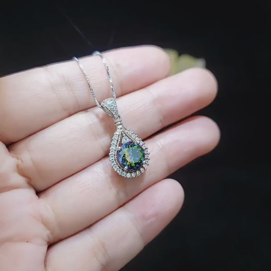 Mystic Rainbow Topaz Necklace - Sterling Silver Round 8mm Mystic Topaz Pendant - 18KGP - Teardrop Gemstone Halo Style #282
