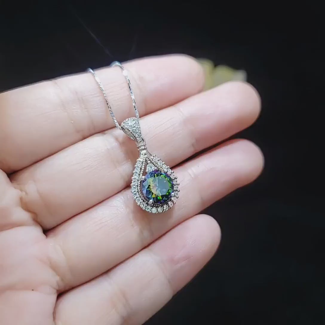 Mystic Rainbow Topaz Necklace - Sterling Silver Round 8mm Mystic Topaz Pendant - 18KGP - Teardrop Gemstone Halo Style #282