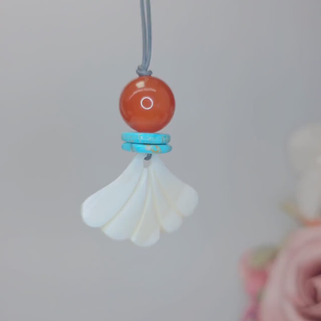 White Shell Fan Pendant Necklace, Chunky Geometric Turquoise Red Carnelian Healing Jewelry, Adjustable Leather Cord