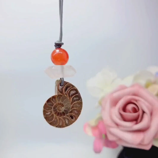 Ancient Ammonite Fossil Necklace, Chunky Clear Quartz Healing Crystal Zen Jewelry, Red Carnelian Pendant, Adjustable Leather Cord