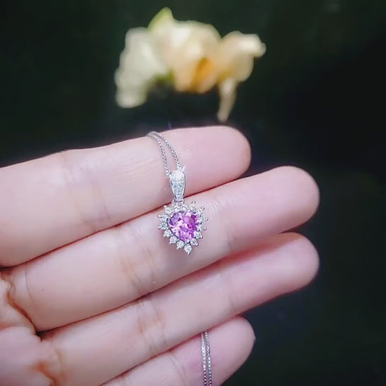 Tiny Pink Heart Necklace - pink Sapphire Tourmaline  Necklace sterling silver 022