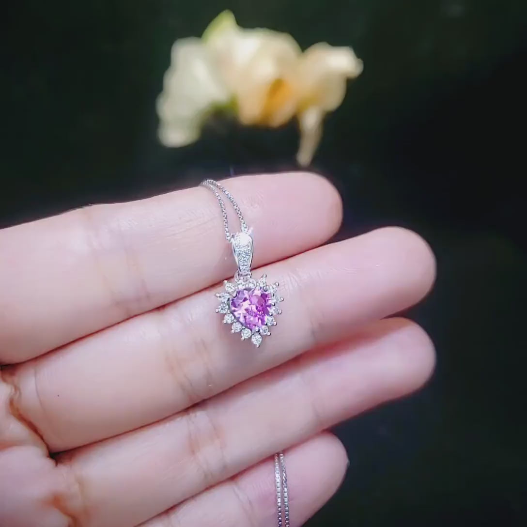Tiny Pink Heart Necklace - pink Sapphire Tourmaline  Necklace sterling silver 022