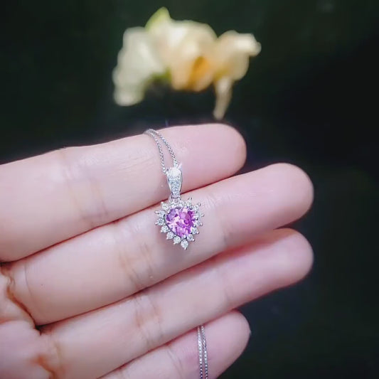 Tiny Pink Heart Necklace - pink Sapphire Tourmaline  Necklace sterling silver 022