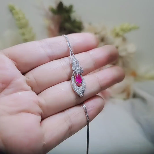Super Tiny Ruby Necklace - Sterling Silver Diamond Leaf Butterfly Pendant - White Gold 18KGP July Birthstone -Teardrop Red Ruby Jewelry #319