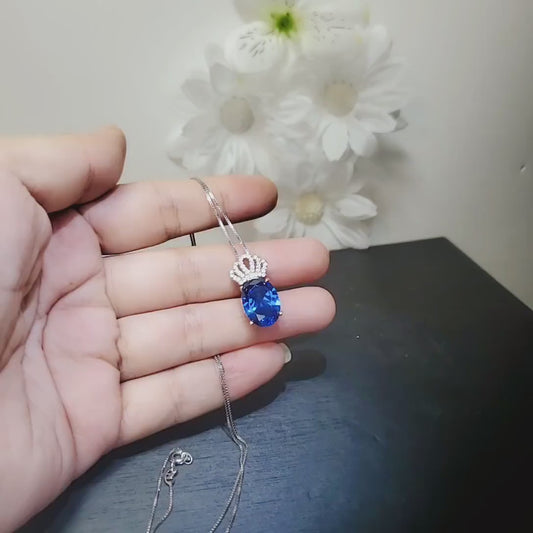 Large Gemstone Crown Sapphire Necklace - 18KGP @ Sterling Silver - 5 CT Oval Cut -   Lab Created Blue Sapphire Pendant #844