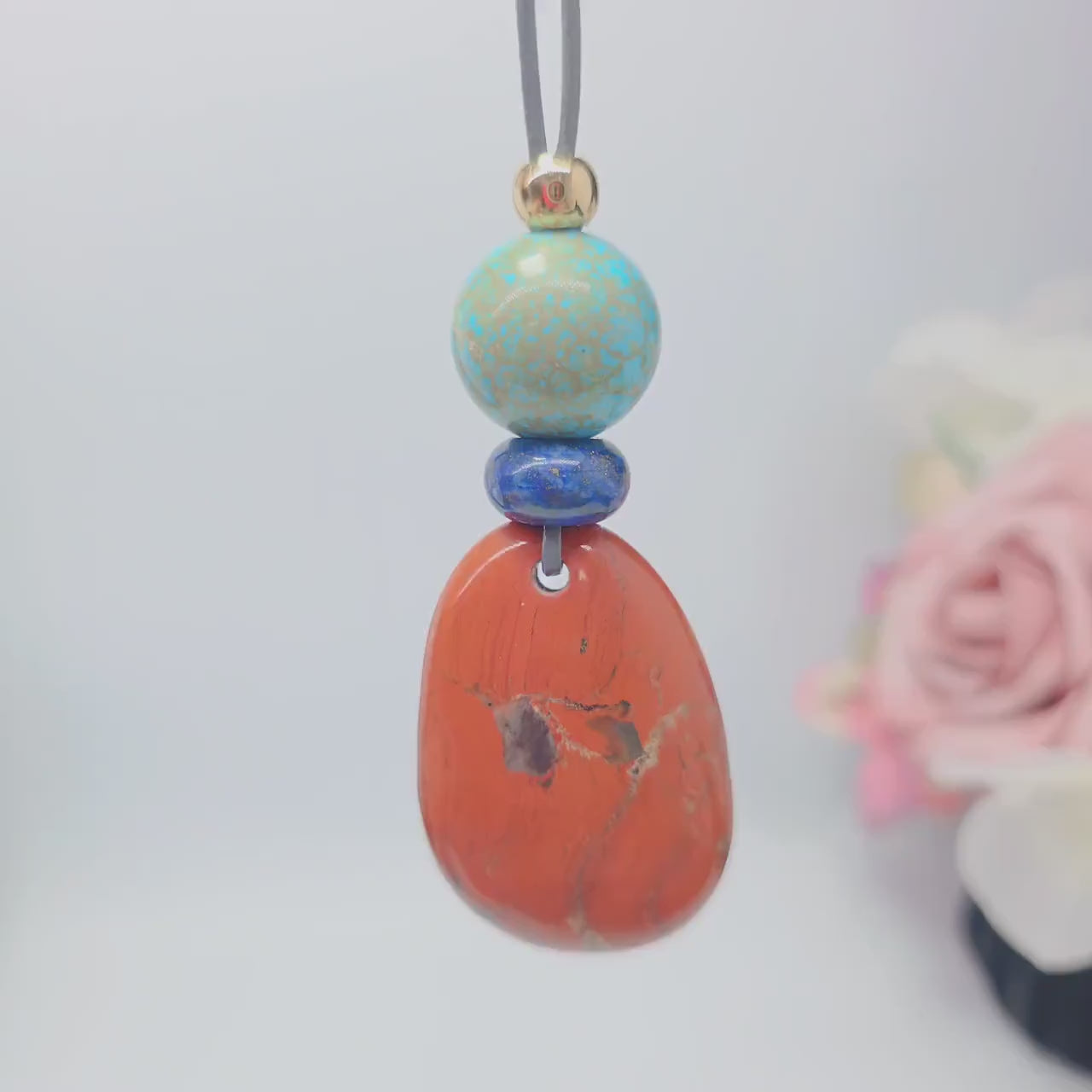 Red Jasper Turquoise Lapis Lazuli Pendant Necklace, Geometric Natural Gemstone Chunky Jewelry, Adjustable Leather Cord up to 30 inches #2544