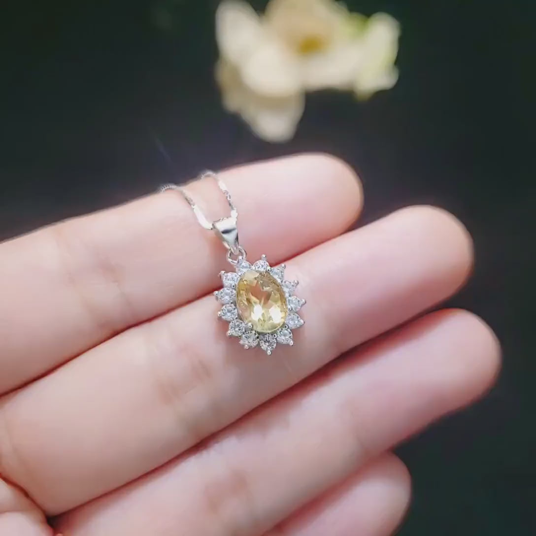 Sterling Silver Genuine Citrine Necklace, Halo Solitaire Citine Pendant, High Quality Fine Citrine Jewelry, diamond Stone 1066