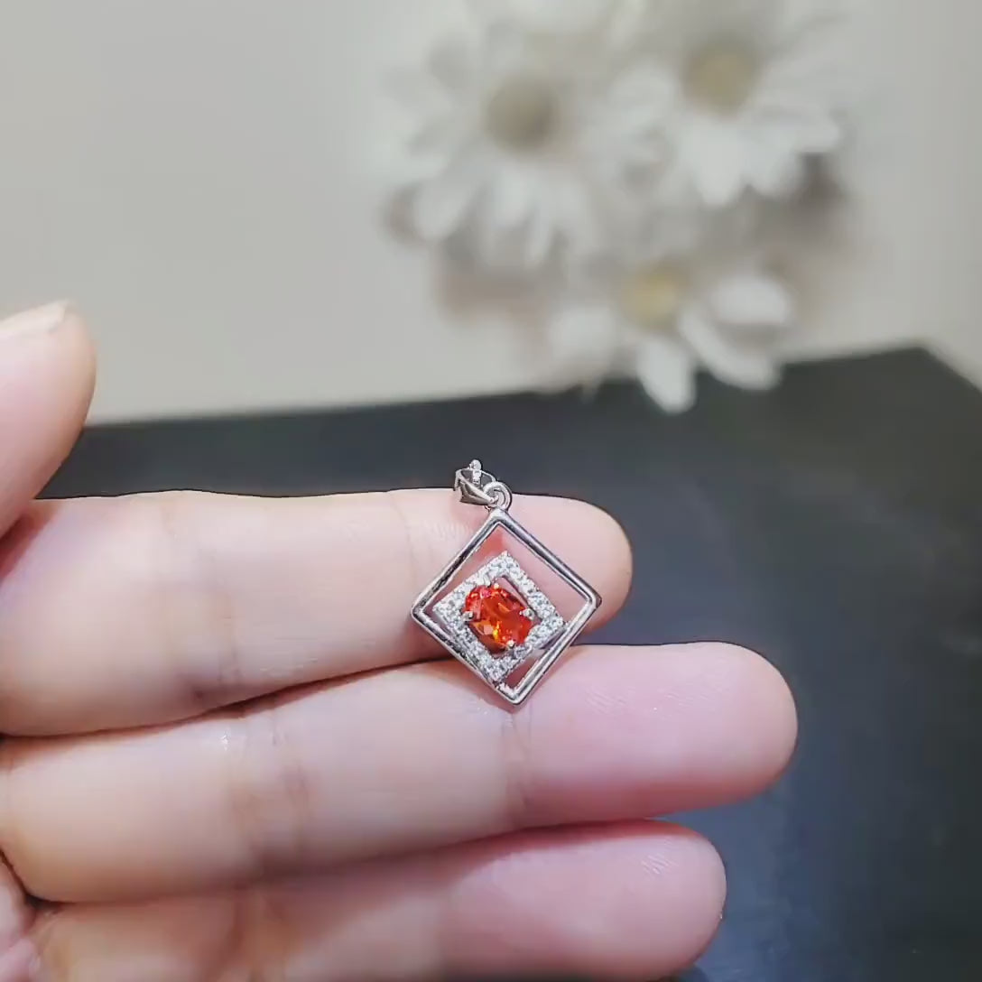 Tiny Geometric Sunstone Necklace -Sun Stone Pendant - 18KGP @Sterling Silver - Double Square Orange Gemstone Jewelry 029