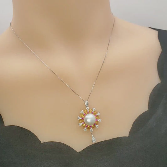 Genuine Large White Pearl Necklace,  18KGP @ Sterling Silver - Sunflower Sun Sunshine Style Fresh water Pearl Jewelry #640