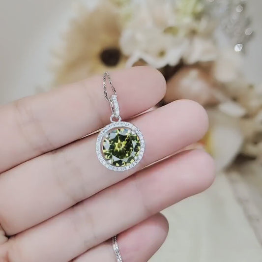 Round Peridot Necklace - Sterling Silver Solitaire Halo Gemstone 3.5 CT Green Gemstone Pendant August Birthstone Jewelry #199