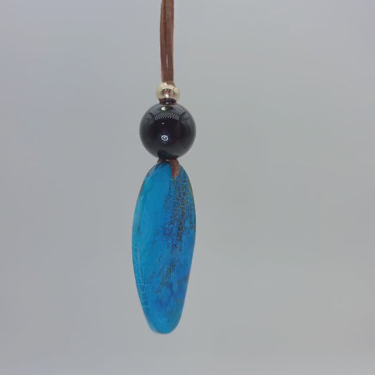 Blue Agate Necklace Natural Black Agate Chunky Gemstone Pendant for Healing,   Ocean Birthstone Jewelry, Adjustable Leather Cord