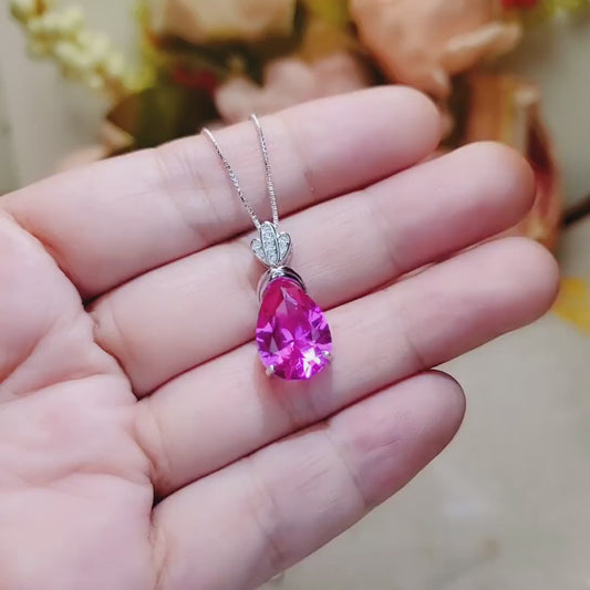 Royal  Flower Pink Sapphire Necklace - 5 Ct Large Fuchsia Sapphire Pendant - Sterling Silver  Pink Topaz Jewelry #787
