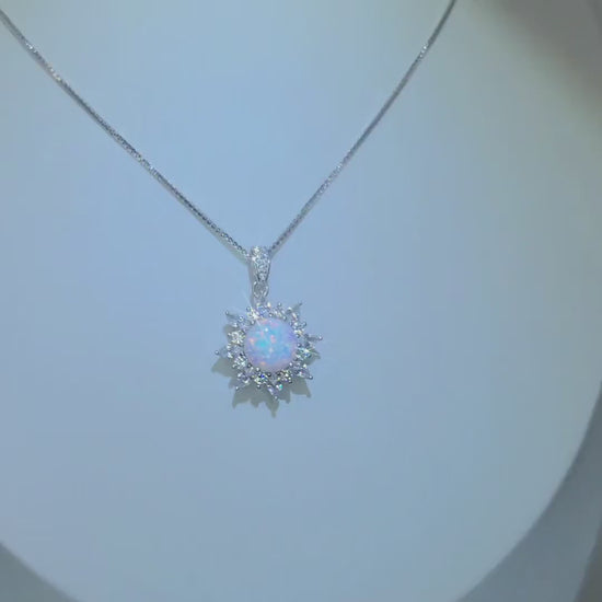 Opal Sunburst Pendant, Sterling Silver Flower Necklace, White Opal Halo Necklace, Celestial Jewelry, Dainty Adjustable Chain, Gift for Her