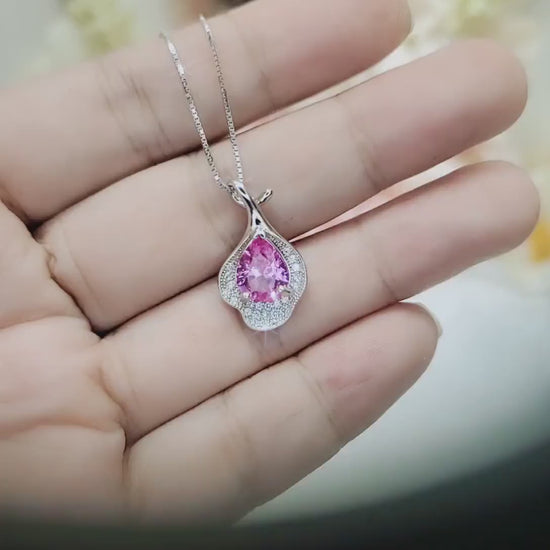 Dainty Pink Tourmaline Necklace Sterling Silver Leaf Pink Gemstone Jewelry #379