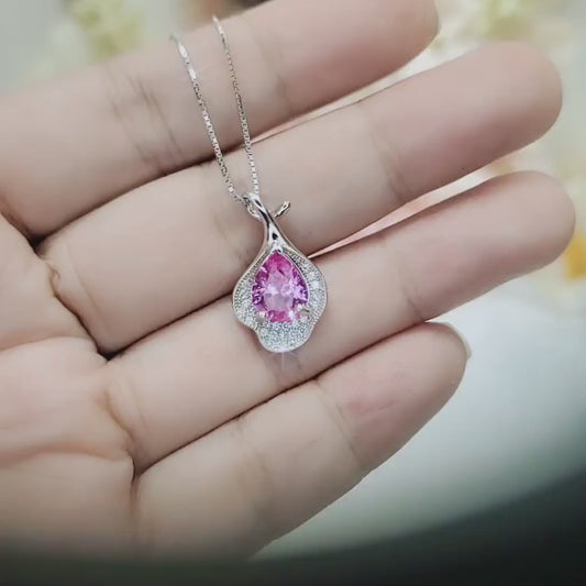 Dainty Pink Tourmaline Necklace Sterling Silver Leaf Pink Gemstone Jewelry #379