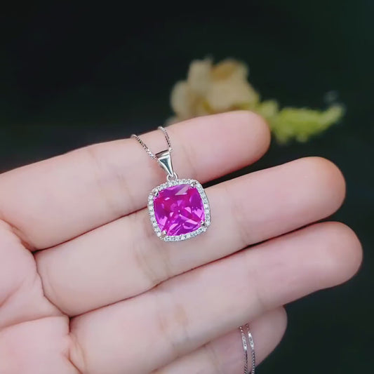 Pink Sapphire Necklace - 6CT Fuchsia Hot Pink Gemstone Pendant - Large Square Sapphire Jewelry Sterling Silver White Gold Plated #462