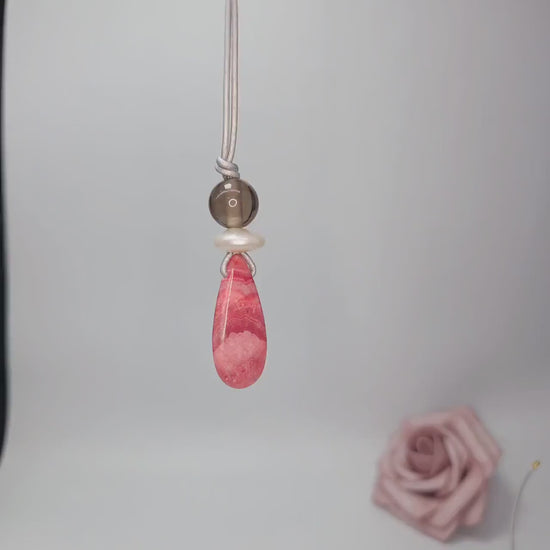 Chunky Rhodochrosite Necklace, Geometric Pink Stone Pendant with Baroque Pearl & Smoky Quartz, Spiritual Jewelry, Adjustable Leather #2576