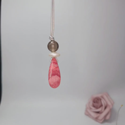 Chunky Rhodochrosite Necklace, Geometric Pink Stone Pendant with Baroque Pearl & Smoky Quartz, Spiritual Jewelry, Adjustable Leather #2576