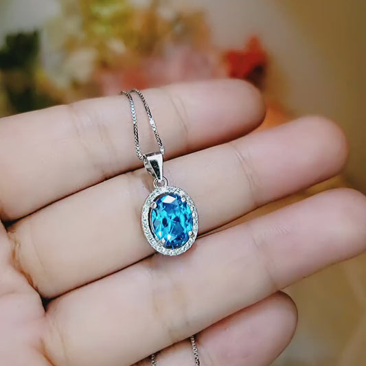 Dainty Blue Topaz Necklace - Sterling Silver Solitaire Blue Topaz Pendant - Halo Oval Gemstone Surround Jewelry #262