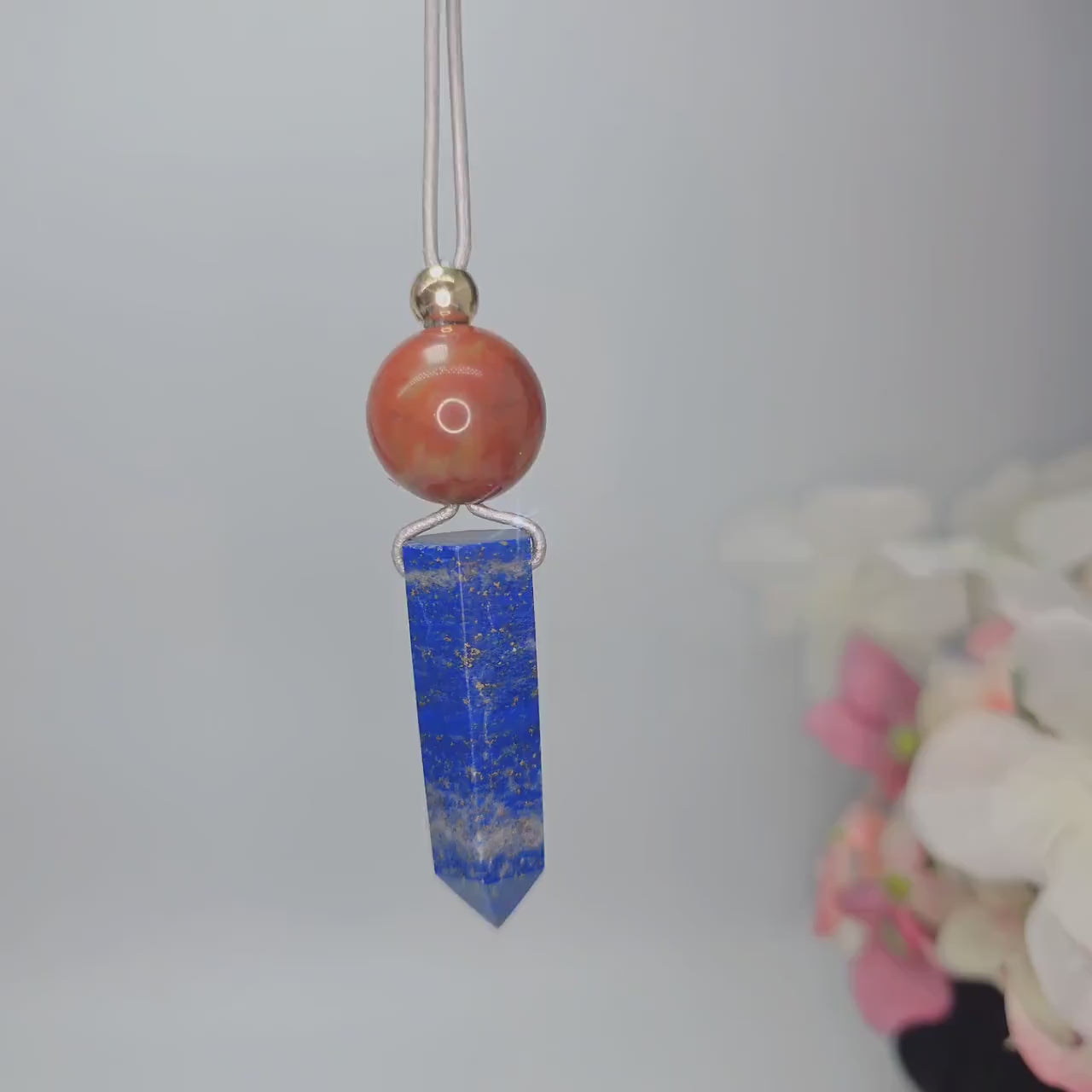 Chunky Lapis Lazuli Point Necklace, Geometric Red Jasper Pendant with 18k Gold Bead, Zen Jewelry, 30" Adjustable Real Leather Cord #2572