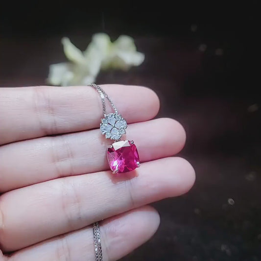 Pink Sapphire Necklace - Hot Pink Topaz Jewelry Four leaf clover Pendant - 18k@ Sterling Silver - Large Cushion Cut 6 CT Pink Sapphire  #595