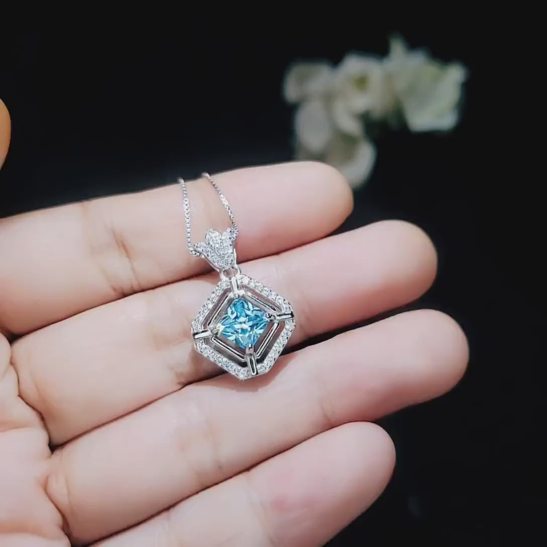 Gemstone Crown Square Aquamarine Necklace - 18kgp @ Sterling Silver - Halo 0.9 CT Blue Aquamarine Pendant -  March Birthstone #258