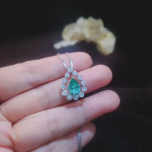 Green Paraiba Necklace - 18KGP @ Sterling Silver - 2.5 CT - Gemstone Halo Teardrop Green Paraiba Tourmaline Necklace #969
