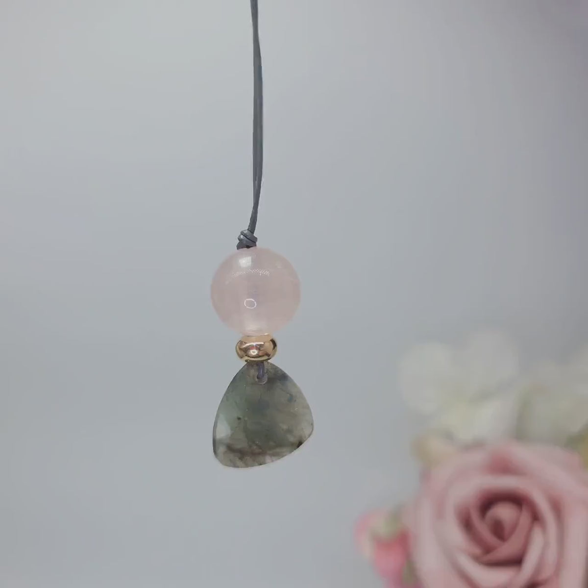 Labradorite Rose Quartz Necklace Natural Crystal Chunky Stone Jewelry for Women Spiritual Protection Adjustable Leather Cord up to 24 inches