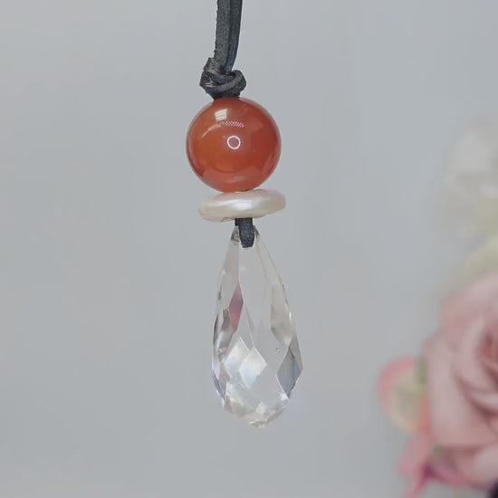 Red Carnelian Necklace Clear Quartz Pendant Geometric Chunky Crystal Jewelry for Men Women, Adjustable Leather Cord Birthstone Gift