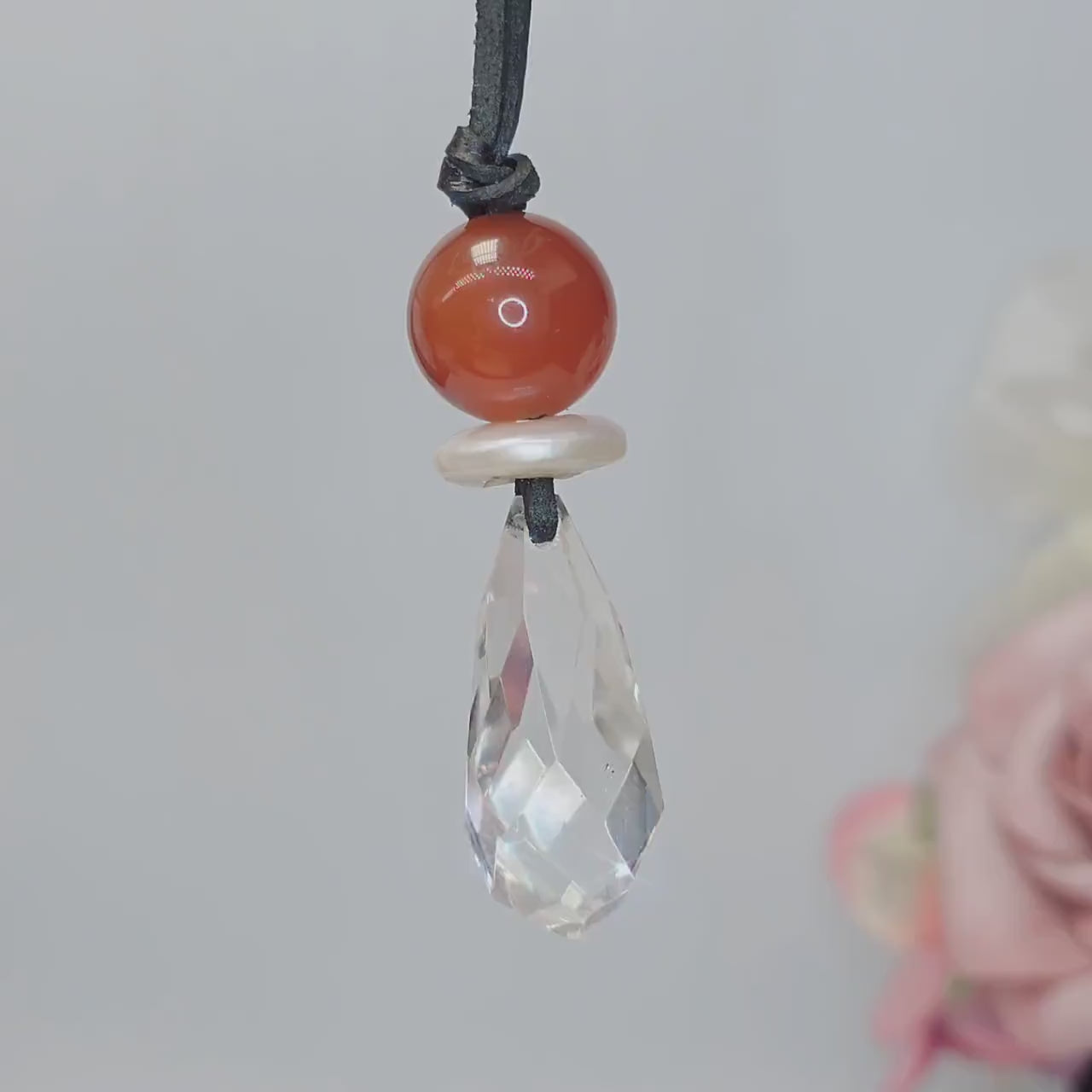 Red Carnelian Necklace Clear Quartz Pendant Geometric Chunky Crystal Jewelry for Men Women, Adjustable Leather Cord Birthstone Gift