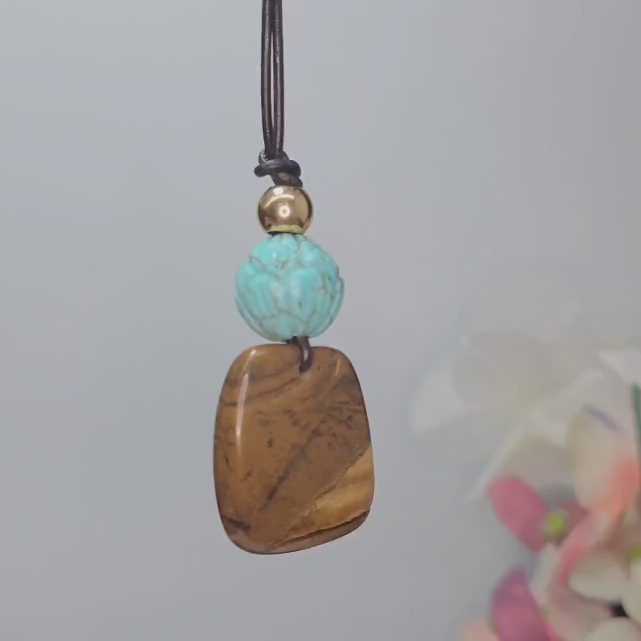 Geometric Tiger's Eye Necklace, Chunky Crystal Pendant with Turquoise Lotus, Healing Stone Jewelry for Her Him, Adjustable  Cord #2569