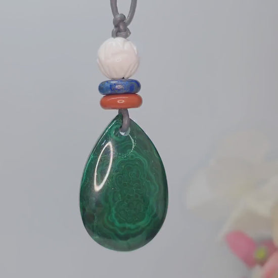 Geometric Malachite Teardrop Necklace, Chunky Green Pendant with Carved Lotus, Healing Jewelry, Adjustable Leather Cord 30 inches #2570