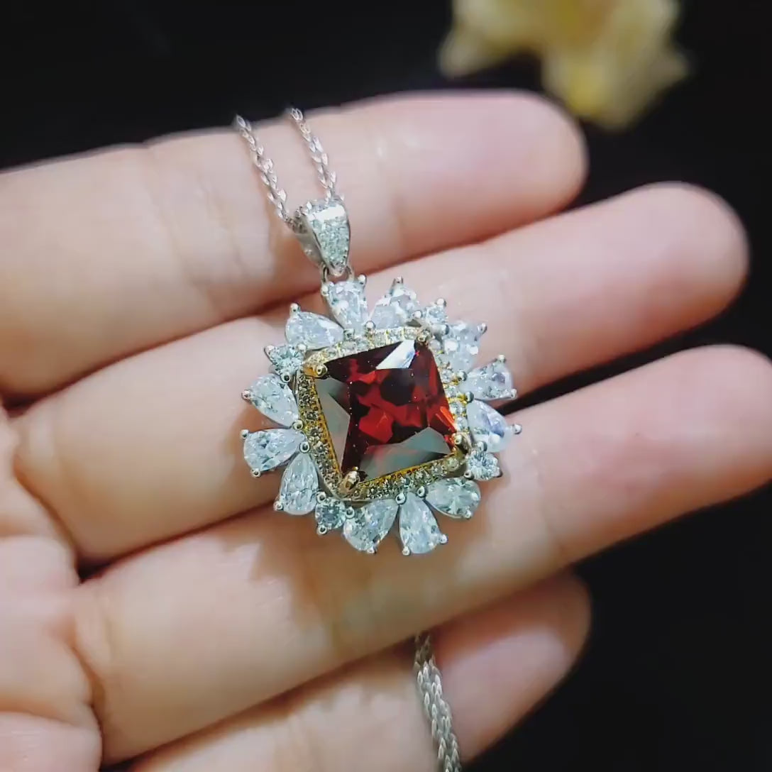 Large Square Garnet Necklace   Halo Gold Square 7 CT 10 MM Deep Red Gemstone Pendant Sterling Silver White Gold plated #813