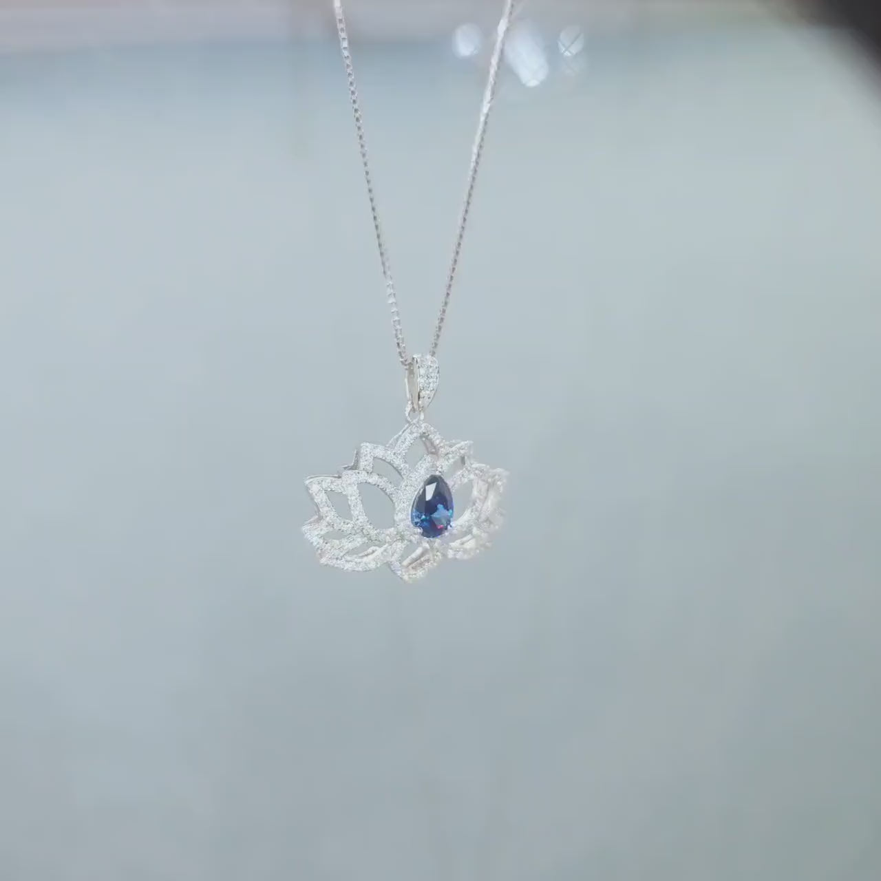 Blue Sapphire Necklace Lotus Flower Style Water lily Pendant 18KGP @ Sterling Silver Birthstone Jewelry #1017