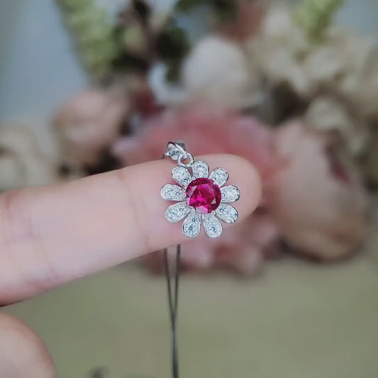 Ruby Necklace Gemstone Sunflower Pendant Sterling Silver 0.85 ct Red Ruby Pendant White Gold Plated Tiny Red Gemstone Jewelry 049
