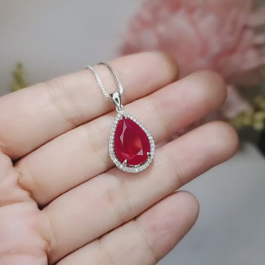 Large Teardrop Red Ruby Necklace - Sterling Silver 5.5 CT Red Corundum Ruby Pendant - 18KGP #613