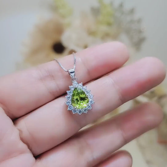 Genuine Teardrop Green Peridot Necklace Diamond Halo Pear Natural 2 CT Green Peridot Pendant Sterling Silver White Gold Plated Solitaire 390