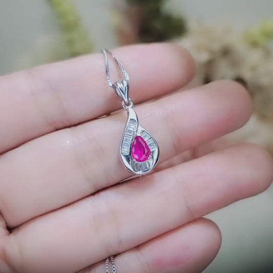Super Tiny Red Ruby Necklace - Sterling Silver Gemstone  Halo Ruby Pendant - Teardrop Cut Minimalist Style July Birthstone Ruby Jewelry #266