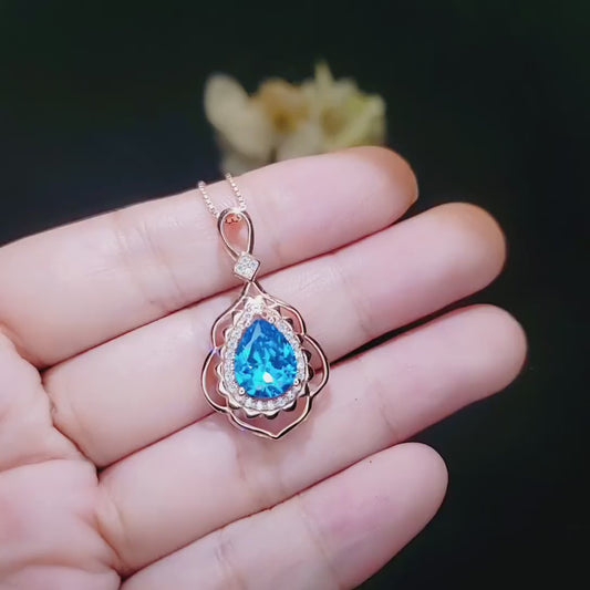 Teardrop Swiss Blue Topaz Necklace - Rose Gold coated Sterling Silver December Birthstone - 3 ct Blue Topaz Necklace #719