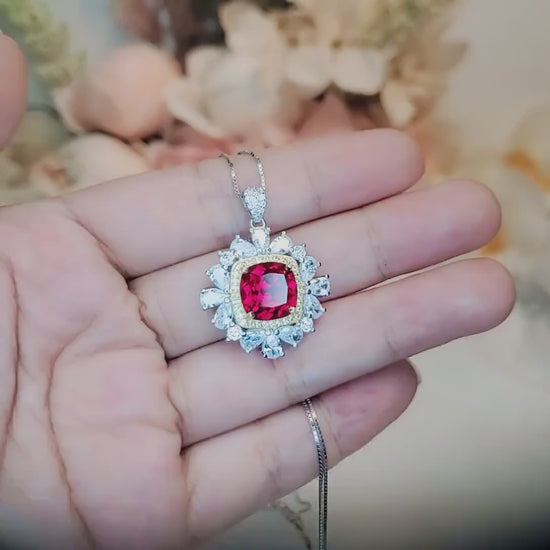 Luxury Square 7 CT Red Ruby Necklace, Gemstone Surround  18KGP @ Sterling Silver - Asscher Cut Large 10 MM Red Ruby Pendant #807