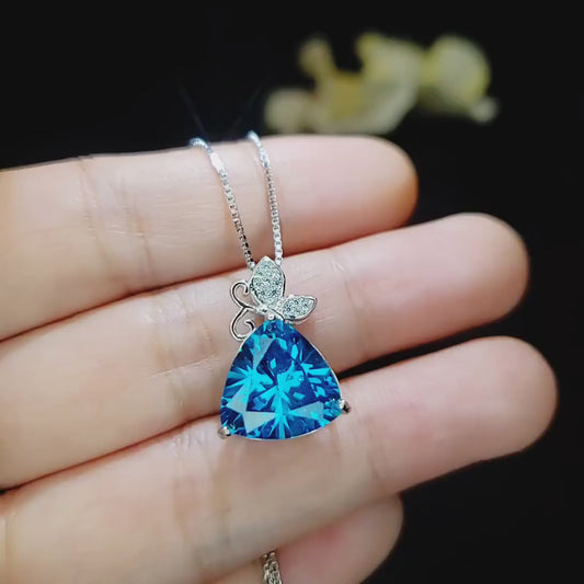 Brilliant Blue Topaz Necklace - 18KGP Sterling Silver - Triangle Blue Topaz Pendant - Large 10 Ct Trillian Cut - Butterfly Style #679