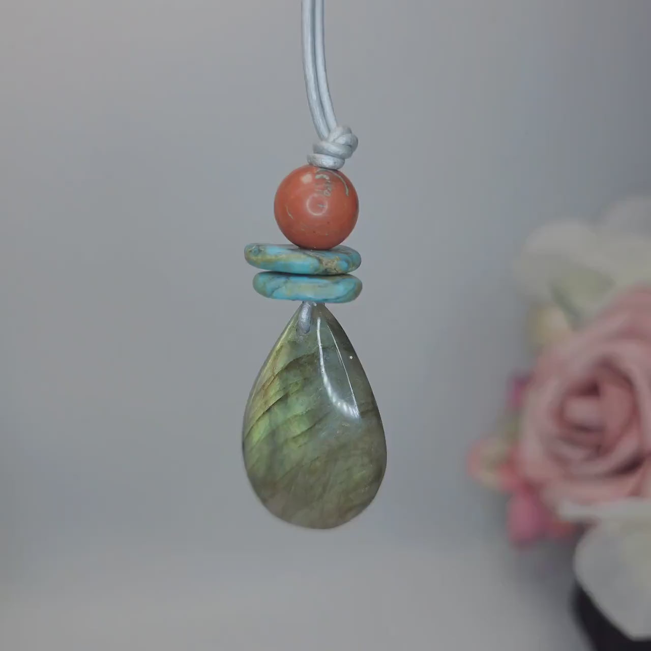 Labradorite Necklace Turquoise Red Jasper Pendant , Geometric Natural Gemstone Chunky Jewelry, Adjustable Leather Cord up to 30 inches #2543