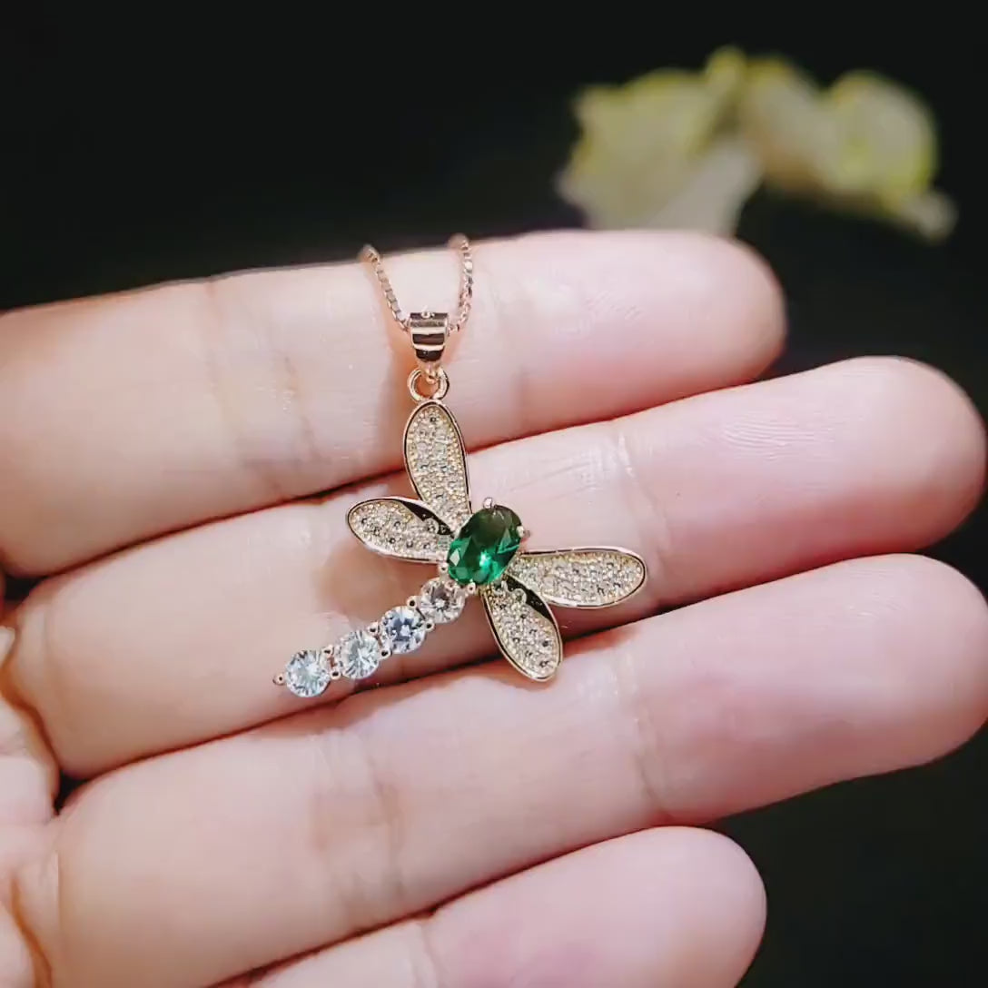 Dragonfly Necklace - Emerald Necklace - Rose Gold Coated 925 Sterling Silver #333