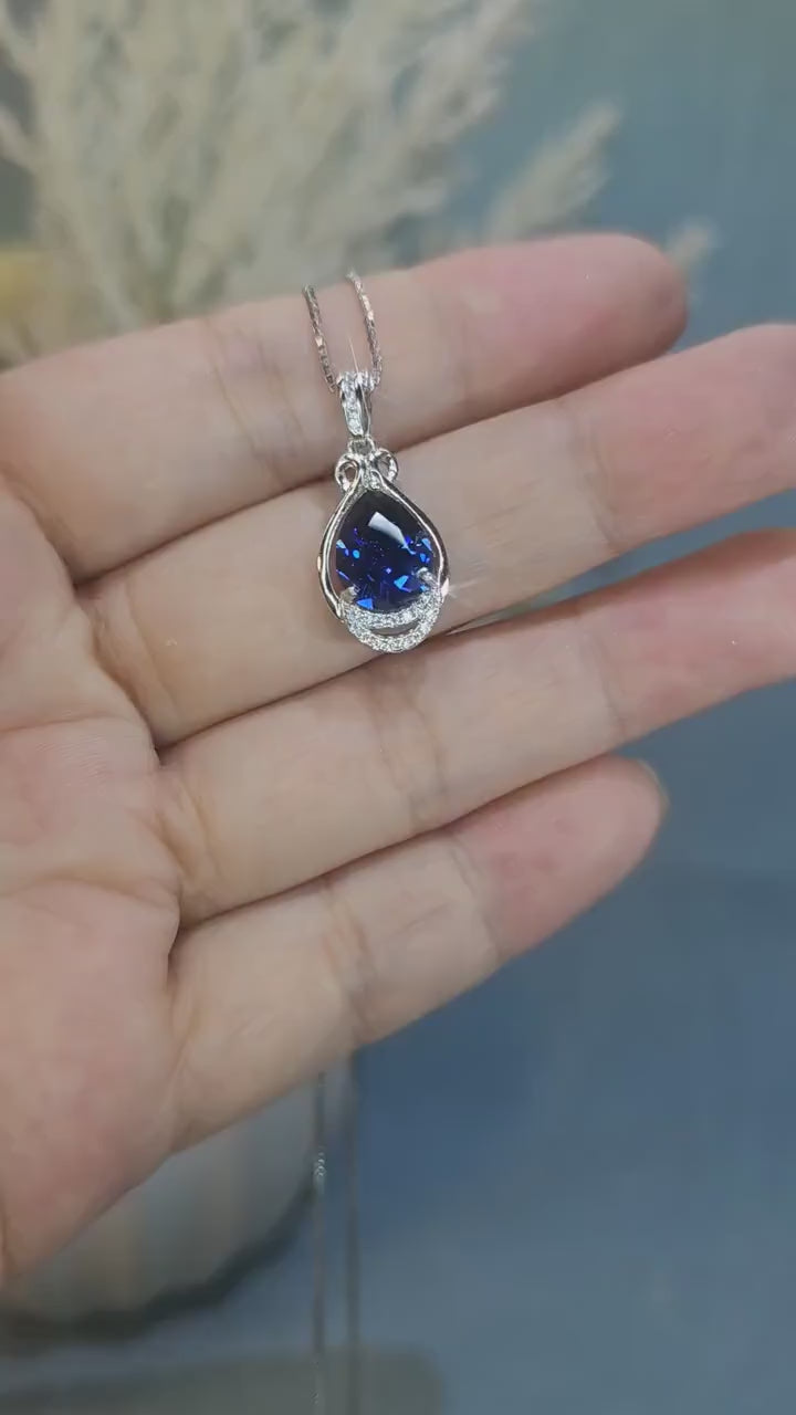Teardrop Tanzanite Necklace - White gold coated Sterling Silver 2 CT  Blue Tanzanite Jewelry #480