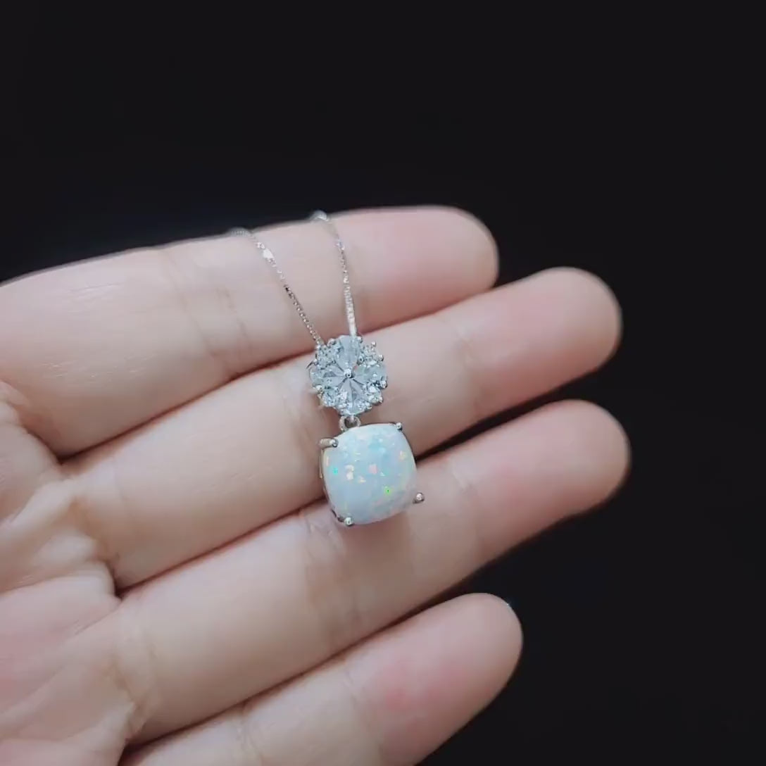 Four leaf clover Opal Necklace - Cushion Cut - White Fire Opal Pendant -  Gemstone Flower Bail  - White Gold coated Sterling Silver #448