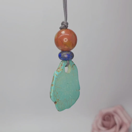 Chunky Turquoise Necklace, Geometric Lapis & Red Jasper Pendant, Zen Boho Gemstone Statement Jewelry, Adjustable Leather Cord Gift #2581