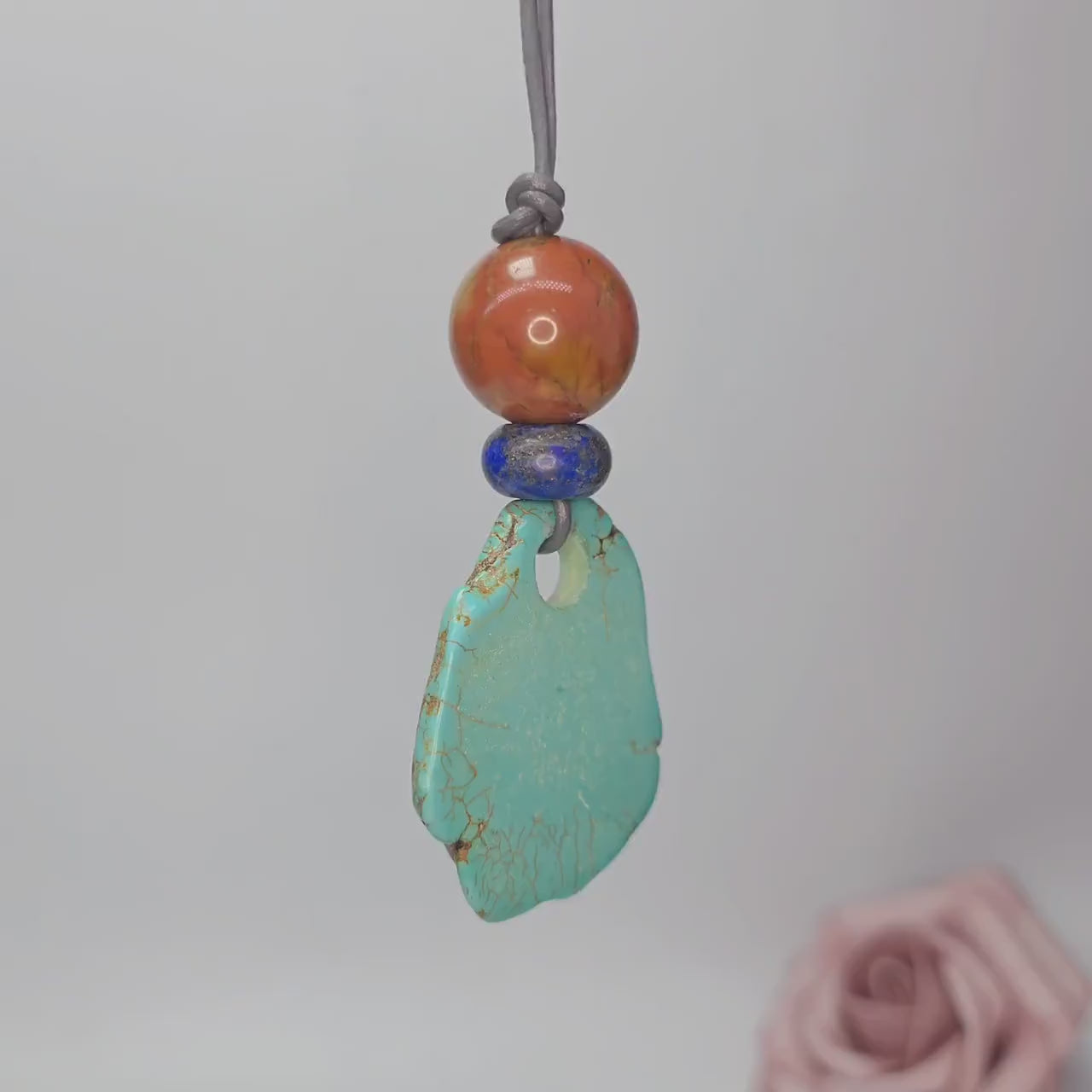 Chunky Turquoise Necklace, Geometric Lapis & Red Jasper Pendant, Zen Boho Gemstone Statement Jewelry, Adjustable Leather Cord Gift #2581