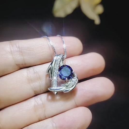 Protective Angel Wing Tanzanite Necklace Sterling Silver White Gold Coated  2CT Round Cut Blue Tanzanite Angel Wing Jewelry #871