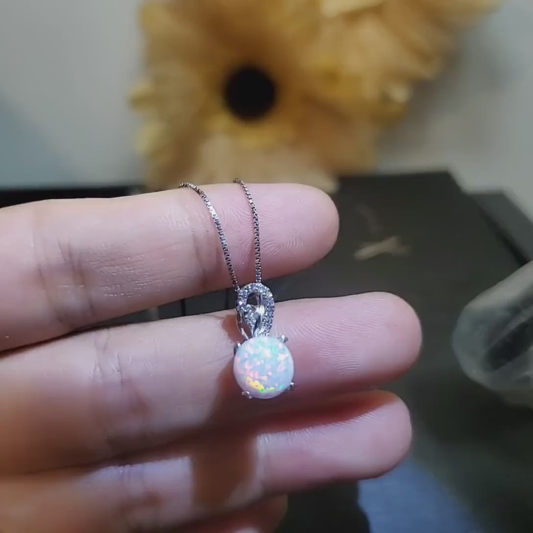 Single White Opal Necklace Sterling Silver Solitaire Simple Delicate 8 MM Fire Opal Pendant 083
